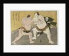 The bout between Kajigahama Rikiemon of the Eastern Group and Sekinoto Hachiroji of the Edo team and the gyoji Kimura Shonosuke by Katsukawa Shunsho