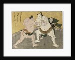 The bout between Kajigahama Rikiemon of the Eastern Group and Sekinoto Hachiroji of the Edo team and the gyoji Kimura Shonosuke by Katsukawa Shunsho
