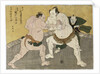 The bout between Kajigahama Rikiemon of the Eastern Group and Sekinoto Hachiroji of the Edo team and the gyoji Kimura Shonosuke by Katsukawa Shunsho