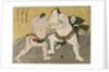 The bout between Kajigahama Rikiemon of the Eastern Group and Sekinoto Hachiroji of the Edo team and the gyoji Kimura Shonosuke by Katsukawa Shunsho