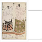 Full-length portraits of wrestlers of the Western Group, depicting Sekinoto Hachiroji on the right and Dewanoumi Kinzo on the left by Katsukawa Shunsho