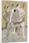 The wrestling bout between the komusubi of the Eastern Group Uzugafuchi Kan'dayu and the maegashira of the Western Group Sekinoto Hachiroji, refereed by Kimura Shonosuke by Katsukawa Shunsho