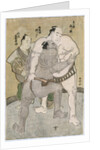 The wrestling bout between the komusubi of the Eastern Group Uzugafuchi Kan'dayu and the maegashira of the Western Group Sekinoto Hachiroji, refereed by Kimura Shonosuke by Katsukawa Shunsho