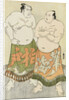 Full-length portraits of the wrestlers Fudenoumi of the Eastern Group on the right and Kashiwado of the Western group on the left by Katsukawa Shunsho