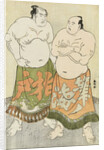 Full-length portraits of the wrestlers Fudenoumi of the Eastern Group on the right and Kashiwado of the Western group on the left by Katsukawa Shunsho