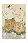 Full-length portraits of the wrestlers Fudenoumi of the Eastern Group on the right and Kashiwado of the Western group on the left by Katsukawa Shunsho