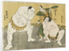 Onogawa Kisaburo and Tanikaze Kajinosuke performing the shikiri in the dohyo, the referee Kimura Shonosuke behind them by Katsukawa Shunsho