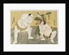 Onogawa Kisaburo and Tanikaze Kajinosuke performing the shikiri in the dohyo, the referee Kimura Shonosuke behind them by Katsukawa Shunsho