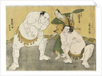 Onogawa Kisaburo and Tanikaze Kajinosuke performing the shikiri in the dohyo, the referee Kimura Shonosuke behind them by Katsukawa Shunsho