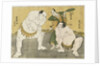 Onogawa Kisaburo and Tanikaze Kajinosuke performing the shikiri in the dohyo, the referee Kimura Shonosuke behind them by Katsukawa Shunsho