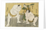 Onogawa Kisaburo and Tanikaze Kajinosuke performing the shikiri in the dohyo, the referee Kimura Shonosuke behind them by Katsukawa Shunsho