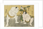 Onogawa Kisaburo and Tanikaze Kajinosuke performing the shikiri in the dohyo, the referee Kimura Shonosuke behind them by Katsukawa Shunsho