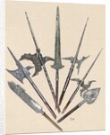 Weapons. Halberds and spearhead. Colored engraving by Anonymous