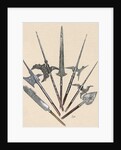 Weapons. Halberds and spearhead. Colored engraving by Anonymous