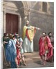 Saint Ambrose (c. 340-397) excommunicating the Roman Emperor Theodosius I. Colored engraving by Anonymous