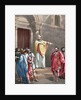 Saint Ambrose (c. 340-397) excommunicating the Roman Emperor Theodosius I. Colored engraving by Anonymous