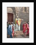 Saint Ambrose (c. 340-397) excommunicating the Roman Emperor Theodosius I. Colored engraving by Anonymous