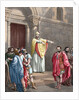 Saint Ambrose (c. 340-397) excommunicating the Roman Emperor Theodosius I. Colored engraving by Anonymous