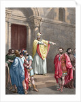 Saint Ambrose (c. 340-397) excommunicating the Roman Emperor Theodosius I. Colored engraving by Anonymous