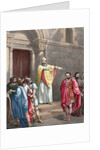 Saint Ambrose (c. 340-397) excommunicating the Roman Emperor Theodosius I. Colored engraving by Anonymous