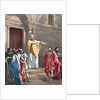 Saint Ambrose (c. 340-397) excommunicating the Roman Emperor Theodosius I. Colored engraving by Anonymous
