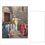 Saint Ambrose (c. 340-397) excommunicating the Roman Emperor Theodosius I. Colored engraving by Anonymous