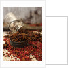 Star anise and red pepper corns around a rustic mason jar by Anonymous