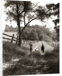 1930s boy and girl in straw hats walking down farm road by Anonymous
