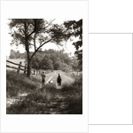 1930s boy and girl in straw hats walking down farm road by Anonymous