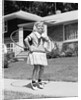 1950s girl on suburban sidewalk playing with a hula hoop by Anonymous
