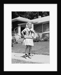 1950s girl on suburban sidewalk playing with a hula hoop by Anonymous