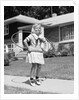 1950s girl on suburban sidewalk playing with a hula hoop by Anonymous