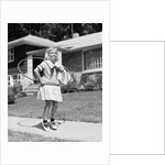 1950s girl on suburban sidewalk playing with a hula hoop by Anonymous