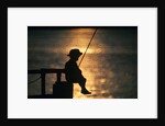 Silhouette of child fishing off a dock at sunset by Anonymous
