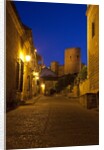Streets of Banos de la Encina at night with the Moorish castle, named Burgalimar Castle, in the back by Anonymous