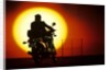 1980s silhouette of anonymous man on motorcycle driving toward rising setting sun by Anonymous