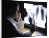 1980s doctor looking at x-ray while speaking on telephone by Anonymous