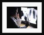 1980s doctor looking at x-ray while speaking on telephone by Anonymous