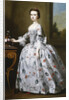 Portrait of a Girl, full-length, in a Grey Satin Dress with Elaborate Floral Embroidery, Beside a Basket of Flowers on a Table, a Wooded Landscape Beyond by Bartholomew Dandridge