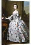 Portrait of a Girl, full-length, in a Grey Satin Dress with Elaborate Floral Embroidery, Beside a Basket of Flowers on a Table, a Wooded Landscape Beyond by Bartholomew Dandridge