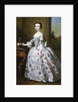 Portrait of a Girl, full-length, in a Grey Satin Dress with Elaborate Floral Embroidery, Beside a Basket of Flowers on a Table, a Wooded Landscape Beyond by Bartholomew Dandridge