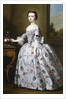 Portrait of a Girl, full-length, in a Grey Satin Dress with Elaborate Floral Embroidery, Beside a Basket of Flowers on a Table, a Wooded Landscape Beyond by Bartholomew Dandridge