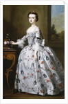 Portrait of a Girl, full-length, in a Grey Satin Dress with Elaborate Floral Embroidery, Beside a Basket of Flowers on a Table, a Wooded Landscape Beyond by Bartholomew Dandridge