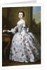 Portrait of a Girl, full-length, in a Grey Satin Dress with Elaborate Floral Embroidery, Beside a Basket of Flowers on a Table, a Wooded Landscape Beyond by Bartholomew Dandridge