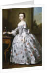 Portrait of a Girl, full-length, in a Grey Satin Dress with Elaborate Floral Embroidery, Beside a Basket of Flowers on a Table, a Wooded Landscape Beyond by Bartholomew Dandridge