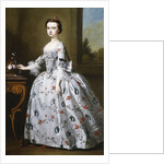 Portrait of a Girl, full-length, in a Grey Satin Dress with Elaborate Floral Embroidery, Beside a Basket of Flowers on a Table, a Wooded Landscape Beyond by Bartholomew Dandridge