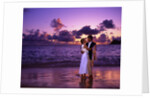 Dressed up couple embracing on the beach at sunset by Anonymous