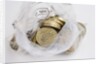 Looking down into an open money bag of pound coins by Anonymous