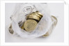 Looking down into an open money bag of pound coins by Anonymous