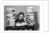 1950s portrait of woman sitting with stacks of books by Anonymous